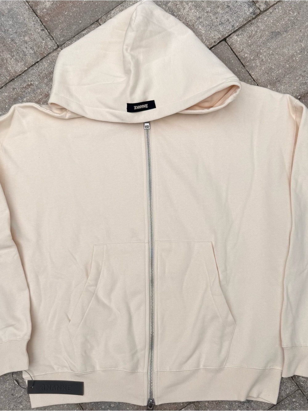 ANANKE Beige Full Zip Hooded Fleece Hoodie Pockets Men Regular Size L